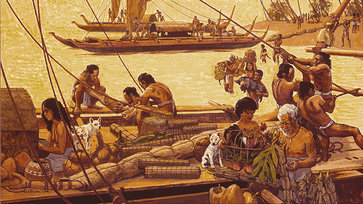 [Marquesans loading canoes] Marquesans loading possessions onto canoes for voyage to a new home. Artwork by Herb Kāne.