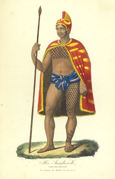 [Aliʻi warrior] Iles Sandwich/Costume Militaire. Unknown artist.