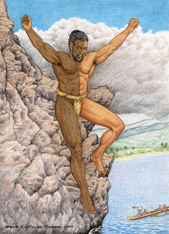 [Lele kawa] Image of Kahekilinuiahumanu cliff jumping (lele kawa). Artwork by Brook Kapūkuniahi Parker.